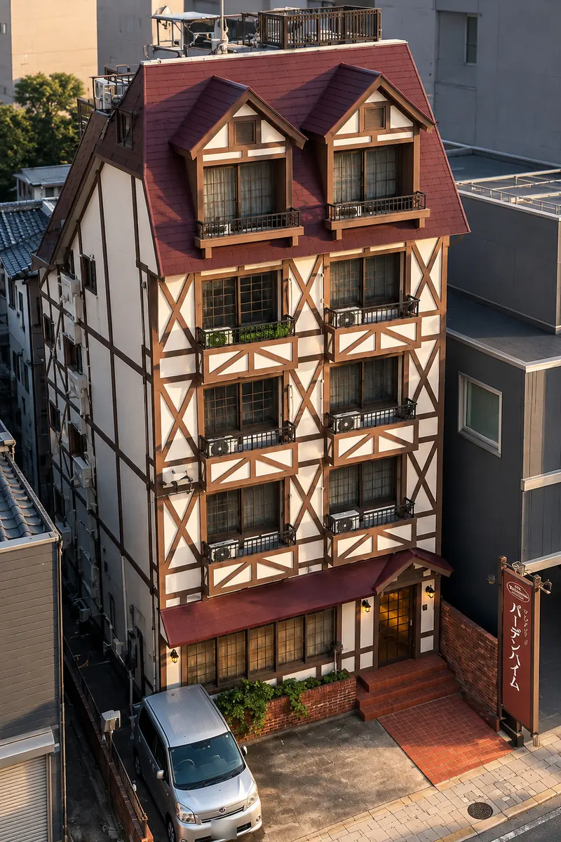 夕方の光を受けた、赤い屋根と木組みのバーデンハイム